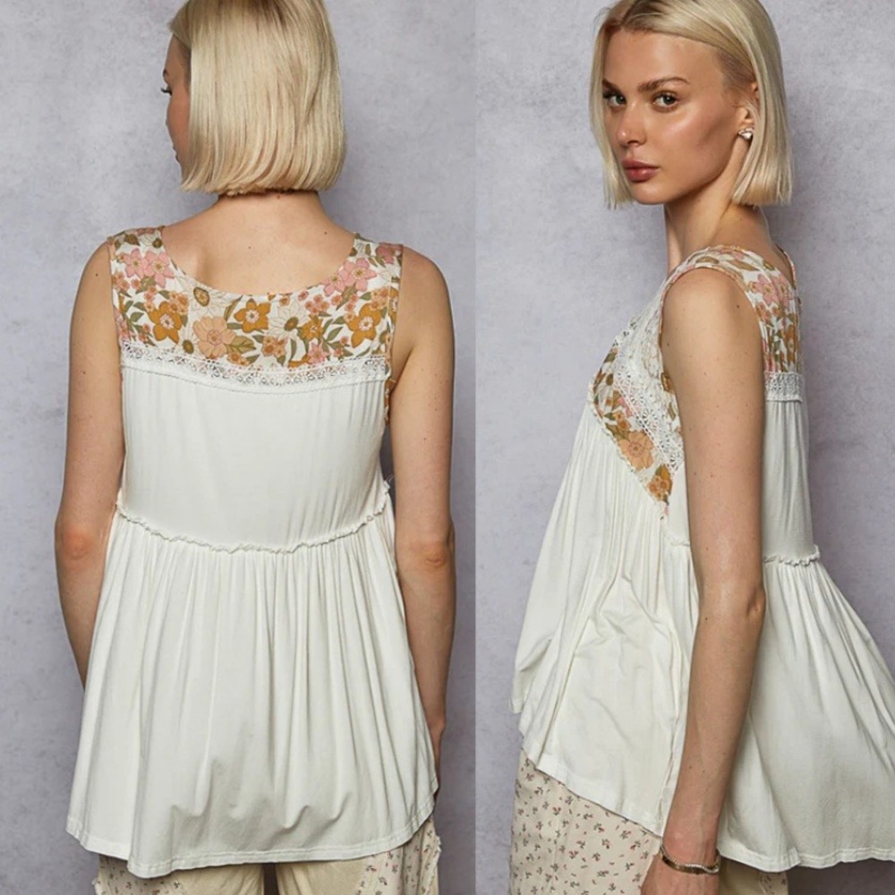 POL Womens Floral Lace Mixed Media Babydoll Tank Top White Small YKT1426 NEW